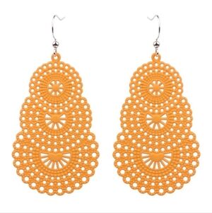 Tangerine Orange Bohemian Tiered Filigree Earrings Boho Hollow Lace Metal Cutout